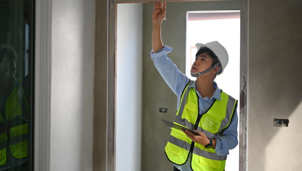 A professional in a hard hat and high-vis vest holds a tablet in one hand and inspects a doorframe with the other.