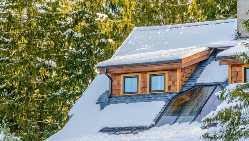A large snow load on a sloped asphalt shingle roof, surrounded by evergreens.