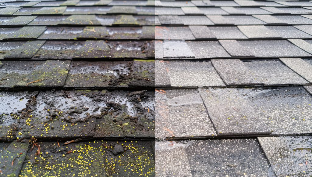Side-by-side comparison of damaged, broken, and cracked shingles versus undamaged shingles.