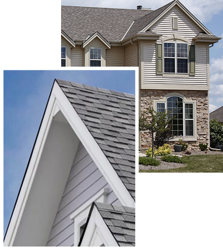 Two overlapping images of residential homes with siding