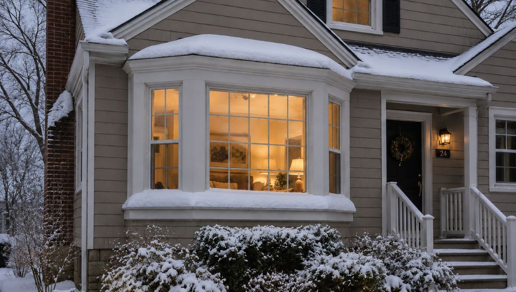 The exterior of a house blanketed in snow. A large bay window sits prominently in the middle, snow covering the window sill.