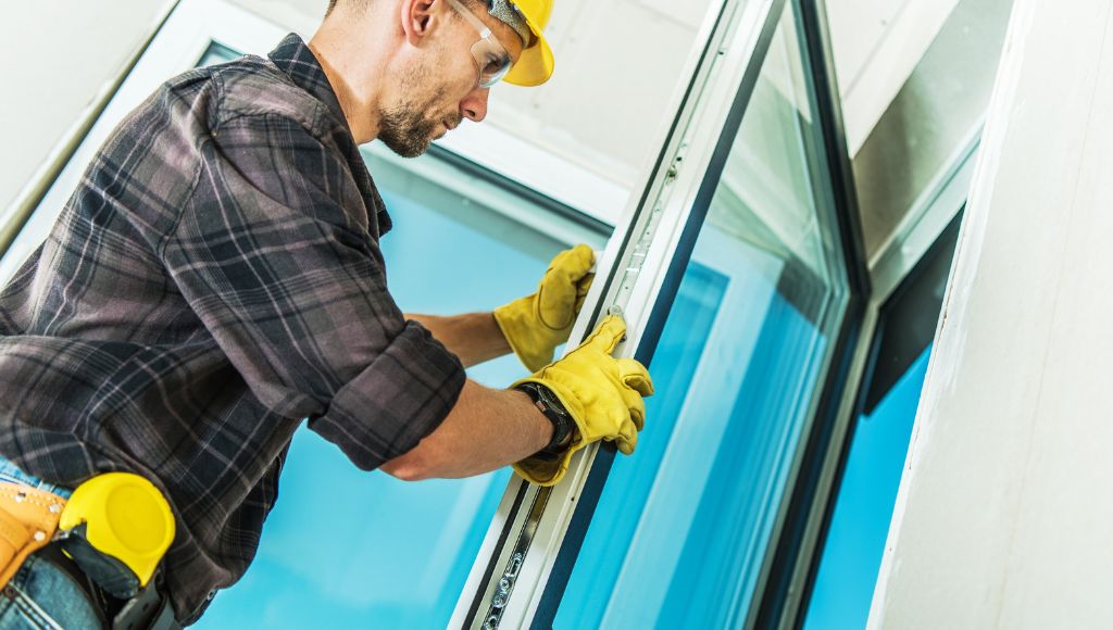 A contractor in jeans, a plaid shirt, and a yellow hard hat and gloves installs new windows on a home.